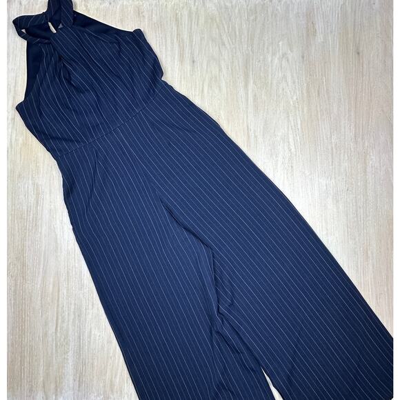 Julia Jordan Navy Pinstripe Twist Halter Business Casual Wide Leg Jumpsuit 12 - Picture 10 of 16